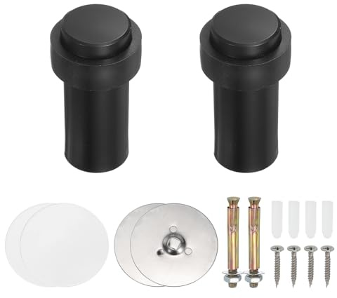 PATIKIL 2Set Round Door Stoppers, 80mm Stainless Steel Door Stop Doorstop Wedge Metal Cylinder Self Adhesive with Screw for Bottom of Door Floor Inside, Black