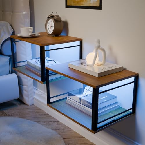 Nachttisch 2er Set Hängend mit RGB LED-Beleuchtung,Nachtkästchen Schwebend mit Metallrahmen & Holzplatte,2-Stöckiges Offenes Regal,Platzsparendes Möbelstück für Schlaf & Wohnzimmer(Braun, 40x30x22cm)