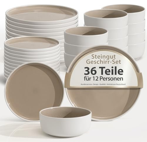 Hausfelder Steingut Geschirrset 12 Personen, 36-teilig, Shadow Stone | Schüsseln und Teller, Tafelservice für 12 Personen, Steingut, Farbe Shadow Stone
