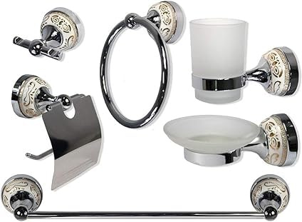Set Accessori Bagno 6 Pezzi Vintage - Kit Completo da Parete con Porta Asciugamani, Porta Rotolo, Porta Sapone, Bicchiere e Gancio - Design Classico