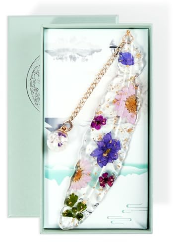 AUAUY Harz Getrocknete Blumen Lesezeichen, mit Quaste, Geschenkbox, Lila | Transparente Gepresste Blumen Lesezeichen, Handgemachte Blumenseitenmarkierung, mit Quaste, Nettes Lesezeichen für Frauen