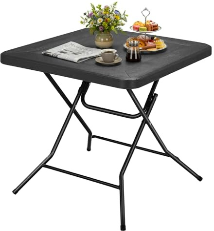 Clevich Gartentisch Holz-Optik, quadratisch, Gartentisch klappbar, HBT: 74x80x80cm, Balkontisch mit Stahlrahmen Beine, Hochstabiler Campingtisch, Wetterfest, Pflegeleicht, für Balkon, Garten &Terrasse