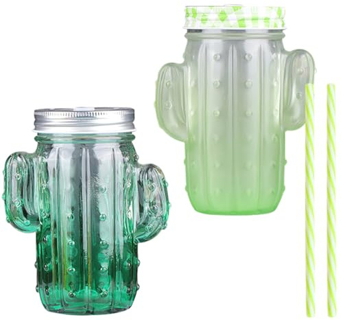 BESPORTBLE Lot de 2 Sets de Gobelets en Verre à Boisson de Cactus, Tasses à Paille Réutilisables, Verre Résistant la Chaleur, 350 Ml, Coloris Dégradé Couleur Aléatoire