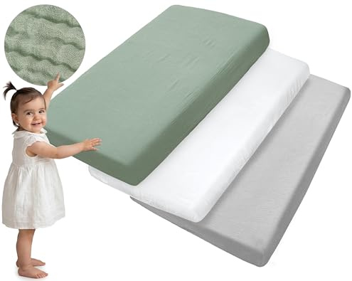 Medi Partners Lenzuola Lettino Set 3 Neonato 60x120-100% Cotone Mussole Lenzuolo con Angoli Culla Coprimaterasso fitted Materassino Sheet Letto Bambino Lenzuolino (Olive-Bianco-Grigio)