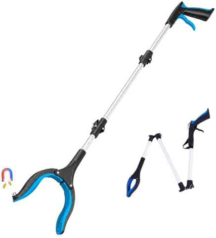 Fortspang grepptång för seniorer (110 cm) – vikbart greppstöd med magnet och 360° vridbart huvud, ergonomiskt avfallsgrepp för trädgård och vardag, (blå)