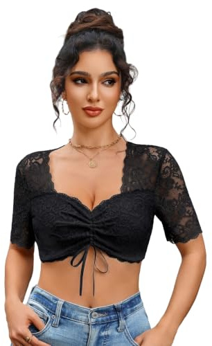 Zeagoo Dirndl-blus, dam, spets, dirndlblus, kortärmad, vit, dirndlblusar, dragsko, V-ringad, Dirndl-blusar, traditionell blus för Oktoberfest, svart, XXL