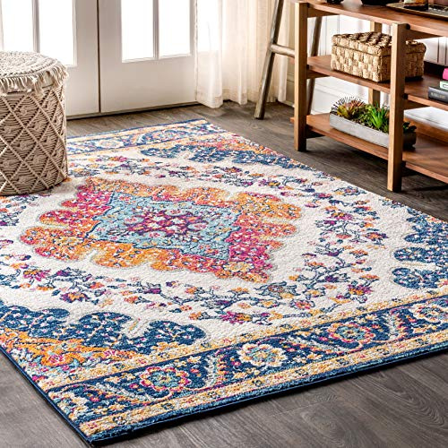 JONATHAN Y BMF106A-5 Bohemian Flair Boho Vintage Medaillon Teppich Floral, pflegeleicht, Schlafzimmer, Küche, Wohnzimmer, Nicht abfallend, 150 cm x 240 cm, Blau/Multi