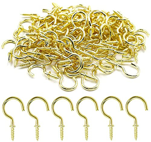 FENGXUE 100 Stück 1-Zoll-Kupfer-Becherhaken, Metallhaken-Becherhaken，Messingplatten-Einschraubhaken in Verschiedenen Größen, Metall-Einschraubhaken Zur Wandmontage, Geeignet Für Küchen, Büros, Gold