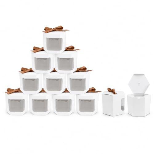 Emartbuy Starke Papiertüte, sechseckige Geschenktüte, 13 x 13 x 14 cm, weiße Kraftbeutel, Cupcakes, Kekse, Muffins, Kuchen, Box mit transparentem Fenster und Band, 12 Stück