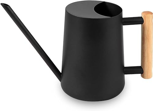 Regadera para plantas de interior, 35 onzas/1000 ml, metal de acero inoxidable, maceta pequeña y moderna con boquilla larga para bonsái, decoración de flores de jardín (negro)
