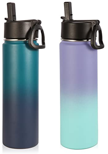 Volhoply 650ml Trinkflasche Edelstahl, vakuumisolierte doppelwandige Thermosflasche mit Strohhalm und Griff, BPA-frei Isolierflasche für Schule Sport (Mehrfarbig,2er-Set)