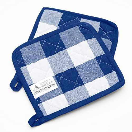 Lot de 2 maniques pratiques, à carreaux, écologiques, 100 % coton, pour casseroles, porte-casseroles, maniques de cuisine, en bleu et blanc, 20 x 20 cm
