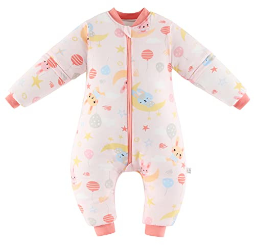 Chilsuessy Baby Winte Schlafsck mit Füße kinder Schlafsäcke,abnehmbaren Ärmeln,Warm Schlafsack mit Beinen Winterchlafsack für Junge Mädchen Schlafanzug, Süßer Hase/3.5 Tog, L/Baby Höhe 90-100cm