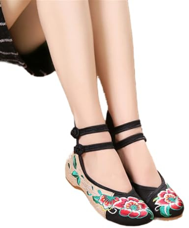 Ballerines en Toile brodées Vintage for Femmes Tissu for Dames Plus la Taille Ballerines Chinoises Confortables Broderie for Sandales d'été (Color : Black, Size : 37 EU)