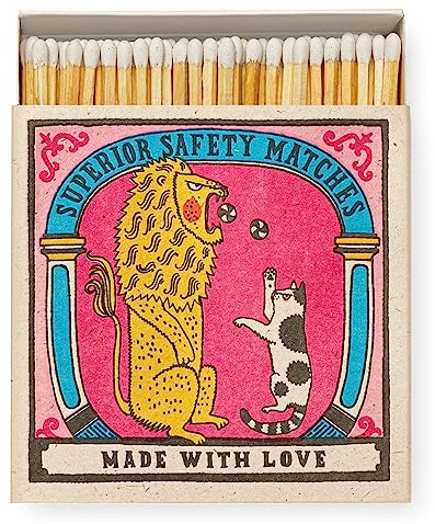 Lion Cat Circus Long Matches, Pink Luxury Giant Square Art Matchbox, Large Safety Matchsticks, Fireside Housewarming Gift Retro Art Box