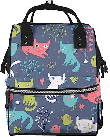 ARCOFF Nette Katzen Frühling Blumen Lustige Kätzchen und Vögel Wickeltasche Windel Rucksack für Frauen Männer Mode Reisetaschen Casual Daypacks Rucksack, mehrfarbig, One size
