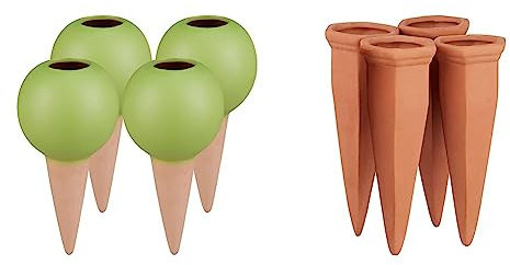 Relaxdays Tonspitzen Bewässerung & Tonkegel Bewässerung 4er Set, Pflanzen Wasserspender Ton, Wein und PET Flaschen Bewässerungskegel, Terracotta