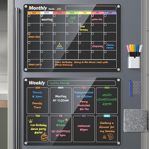 Acrylic Magnetic Dry Erase Board for Fridge, 2-Pack Monthly & Weekly Calendar Planner Note Blackboard Set for Refrigerator/Wall/Glass/Kitchen, 7 Colors Markers (16x12)
