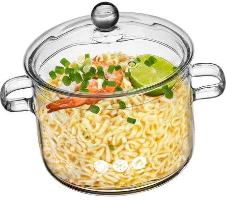 Homoyoyo Glastopf zum Kochen, 1,35 l/47,51 oz Sauteuse, Hochtemperaturbeständiger transparenter Suppentopf aus Glas mit Doppelgriff und Deckel, Stielkasserollen Glastopf mit Deckel