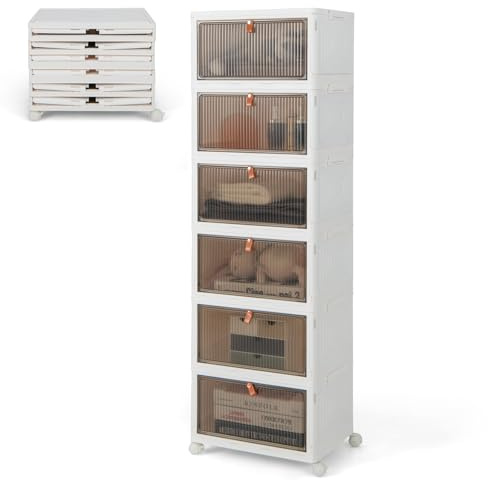 GOPLUS Aufbewahrungsbox mit Deckel, Stapelbare Ordnungsbox mit Türen, Transparent Klappbox mit Rollen, Schuhboxen Ordnungsboxen für Wohnzimmer & Schlafzimmer (6 Ebenen)