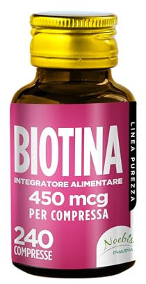 Biotina 240 Compresse - 450 mcg di Biotina per 1 Compressa - 8 Mesi di Fornitura - Crescita di Capelli Pelle e Unghie Sani - Vitamina B8 - Integratori per Capelli - Qualità Italiana
