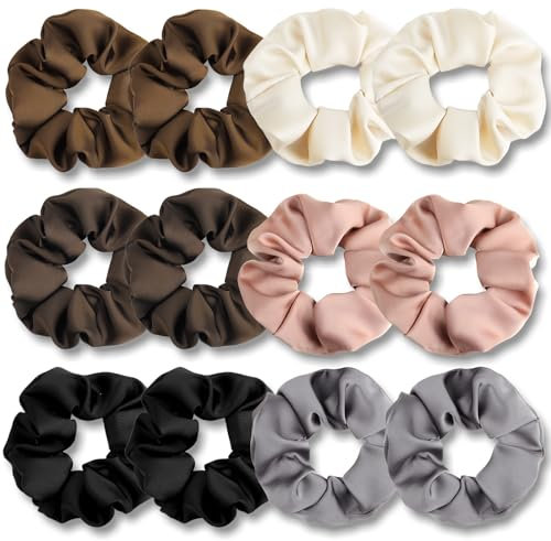 PROPOG Scrunchies Haargummi, 12 Stück Silk Haargummi Scrunchie Braun Scrunchies Seide GroB Satin Haargummis Zopfgummis Damen Hair Ties Set für Dickes Dünn Haar Pferdeschwanz Haarschmuck