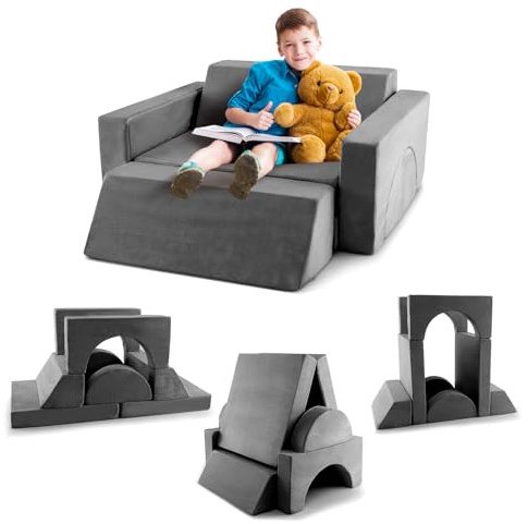 DREAMADE 8 in 1 Spielsofa, Kindersofa aus 8 Schaumstoff Bausteine, Kindercouch Kindermatraze mit Flexibler Kombination, multifunktionales Sofa für Spielzimmer, Kinderzimmer & Schlafzimmer (Grau)