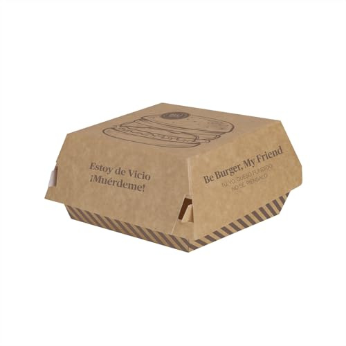 MAXI PRODUCTS - Lot de 50 boîtes à hamburger - 10 x 10 x 7 cm (700 cc) - Récipient en carton kraft décoré pour aliments à emporter - Boîte à hamburger en carton - Boîtes alimentaires résistantes