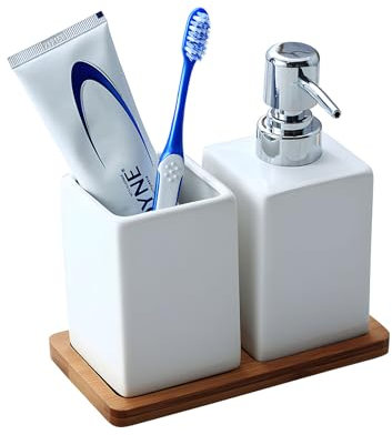 White Soap Dispenser Ceramic 3-in-1 Bathroom Set with Bamboo Tray | Toothbrush Holder & Organiser | Elegant Reusable Bottle for Shampoo & Body Wash