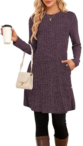 SENBATU Robe Pull Femme Hiver Dames à Manches Longues Robe Noel Femme Robe Tunique Boutons latéraux avec Poches Violet XX-Large