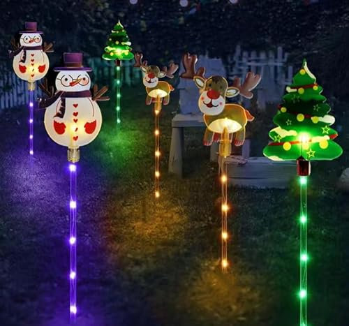 YZYOE 6 Pack LED Outdoor Solar Ground Inserted Christmas Decorative Lights, Waterproof Solar Courtyard Christmas Tree Snowman Reindeer Light, with 8 Warm Light Modes.