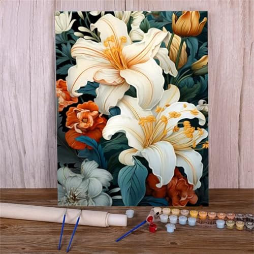 Malen Nach Zahlen Erwachsene Weiße Lilie Paint by Numbers DIY mit Pinseln und Acrylfarben Malen Nach Zahlen,Blume Handgemalt Ölgemälde Leinwand Kunst-Handwerk für Home Decor,ohne Rahmen 50x65cm