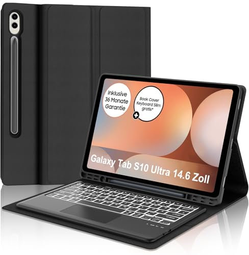 Tastatur für Samsung Galaxy Tab S10 Ultra 2024, Hülle Tastatur Galaxy Tab S10/S9 ultra con Touchpad, Abnehmbarer QWERTZ 7-Farbige Beleuchtung Keyboard für Samsung S9/S10 Ultra 14.6 Zoll, Schwarz