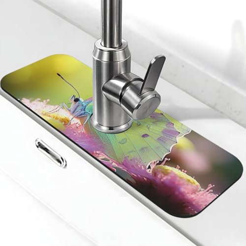 Spritzschutz, Küchenspüle, Wasserhahnmatte, gelber Schmetterling, Wasserhahnmatte, saugfähiger Wasserhahn, Saugnapf, Kieselgur-Griff, Waschbeckenzubehör, Wasserhahn-Abtropfmatte für Küche, Badezimmer