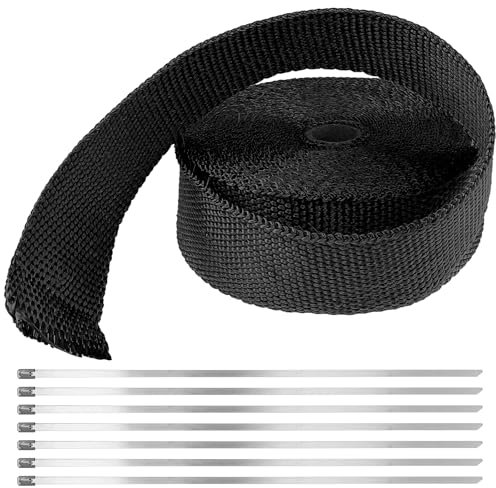CHEUKYIU 20m x 5cm Hitzeschutzband Auspuff, Schwarz Auspuffband Mit 10 Edelstahl Kabelbinder, Band Auspuff Thermoband, Hitzeschutz Bandage für Motorräder, Pkw, Lkw