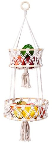 Jilskl Cestino da Appendere in Macramè, Cesto Per Frutta da Appendere, Cesto da Parete 2 Livelli, Stile Bohemien Cestini Portaoggetti da Parete, Adatto Per Cucina, Soggiorno, Bagno