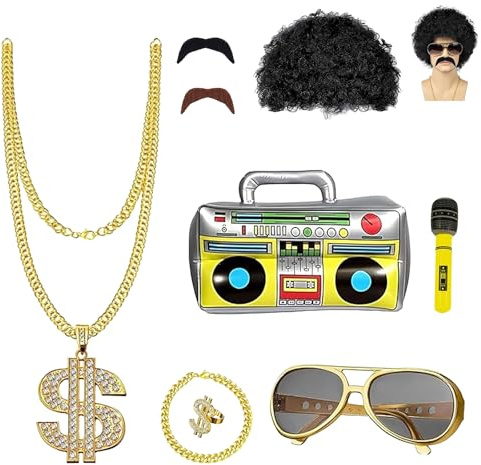 SLshiBo Hip Hop Kostüm Zubehör Set Herren 9-teilig für 80er 90er Rapper | Dollar Halskette, Sonnenbrille, Perücke, aufblasbare Boombox / DJ Kostüm für Karneval, Fasching, Mottoparty