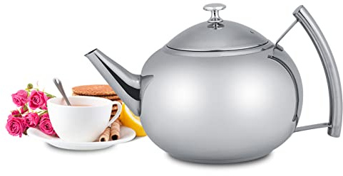 Stainless Steel Teapot 2L with Removable Infuser and V-Shape Spout | Satin-finished metal kettle, loose leaf , ergonomic curvy handle, drip- pouring, modern kitchen serveware, 20