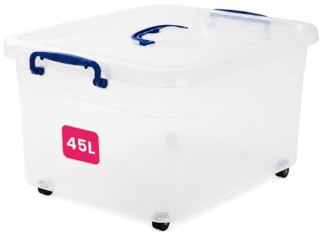 STL 45L Storage Boxes with Lids And 4 Wheels, Clip-Lock Lid, Stackable Clear Plastic Storage Containers With Lid For Home, Kitchen, Moving, Garage & Office