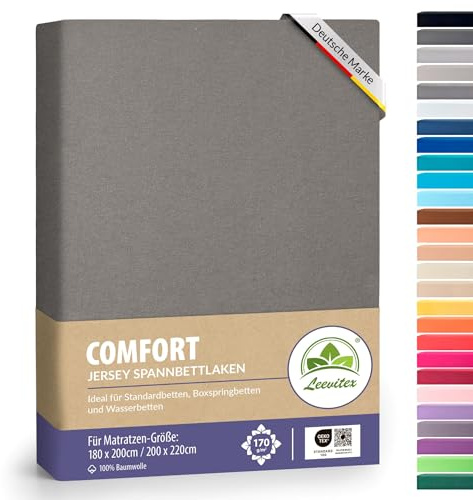 Boxspringbett & Wasserbett Spannbettlaken von leevitex® | Spannbetttuch | Jersey 180 x 200-200 x 220 cm, 40cm Steghöhe 100% Baumwolle ca. 170 g/m (Graphit/Grau)