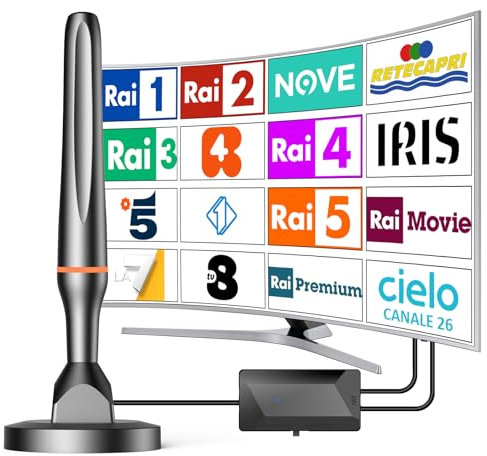 Antenna TV digitale interna, ricezione a lunga distanza, antenna TV portatile con base magnetica resistente, supporta 4K 1080p VHF UHF DVB-T/DVB-T2