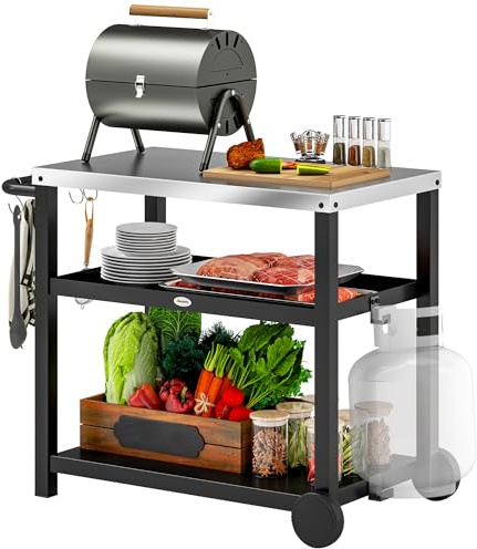 Outsunny Outdoor Grill Dining Cart 3-Shelf Movable Pizza Oven Table Stand with Stainless Steel Top, Portable BBQ Trolley Food Prep Outdoor Kitchen BBQ Station with Hooks Wheels Handle, Charcoal Grey
