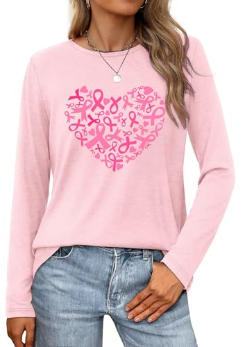 tiorhooe Breast Cancer Long Sleeve Tops Women Heart Pink Ribbon Tee Shirt | Awareness Fight,Loose Crew Neck,Ultra Soft Breathable Fabric,Comfortable Fit,Show Courage,Inspire Hope,Versatile Wear,Durable