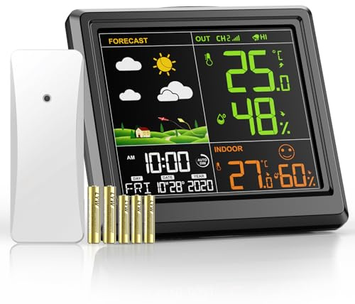 Station Météo Interieur Exterieur Sans Fil | Thermometre Hygrometre avec Capteur | Avec 3 Niveaux Luminosité | Ecran LCD Couleur Rétro-Éclairé | Avec Date Heure | Prévisions Météo Noir