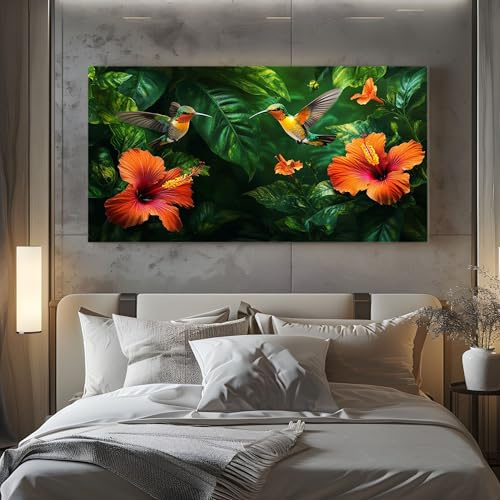 ZORYAN Wandbilder für Wohnzimmer Exotisch Hibiskus Modern Leinwandbilder | Tier Kolibri Kunstdruck Poster Pflanzen Blume Wanddeko für Schlafzimmer mit Rahmen 70x140 cm