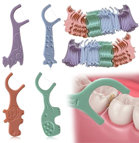 wlsvega Packung Mit 160 StüCk Zahnseide Kinder - Zahnseide Stick Kinder - ZahnsticksKinder - 4 Tierformen Mit Kindgerechten Griffen, FüR Enge ZahnzwischenräUme