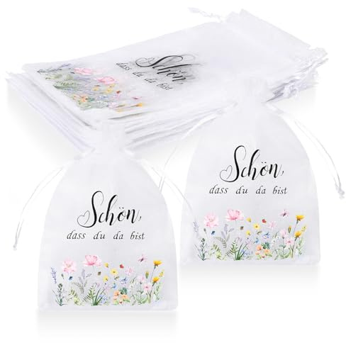Organzasäckchen 10x15 Schön dass du da bist – Gastgeschenke Hochzeit, Gastgeschenke Geburtstag, Geschenktüten Klein für Feiern & Events