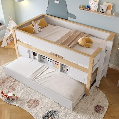 Lcoho Halbhohes 90x200cm, Bett mit ausziehbarem Bett,Kinderbett, Etagenbett, Mehrere Ablagefächer, ohne Matratze, Weiß + Natur