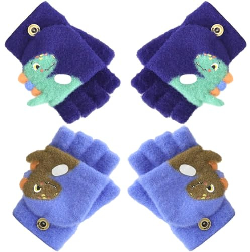 Dinosaurio Guantes Sin Dedos Niño, 2 Pares Convertibles Flip Top Guantes Manoplas de Invierno Guante de Medio Dedo Guante Cálidas de Punto Manoplas de Dibujos Animados para Niños Niñas 3-8 Años