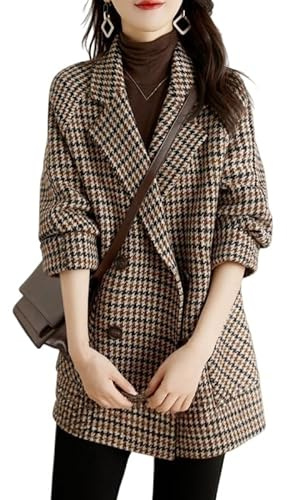 KIJSKKOPO Cappotto Da Donna In Lana Pied De Poule, Marrone, Giacca Blazer Doppiopetto Con Revers A Lancia, Foderata In Pile, Caldo Soprabito Invernale, Elegante Cappotto A Quadri Con Tasca, Marrone